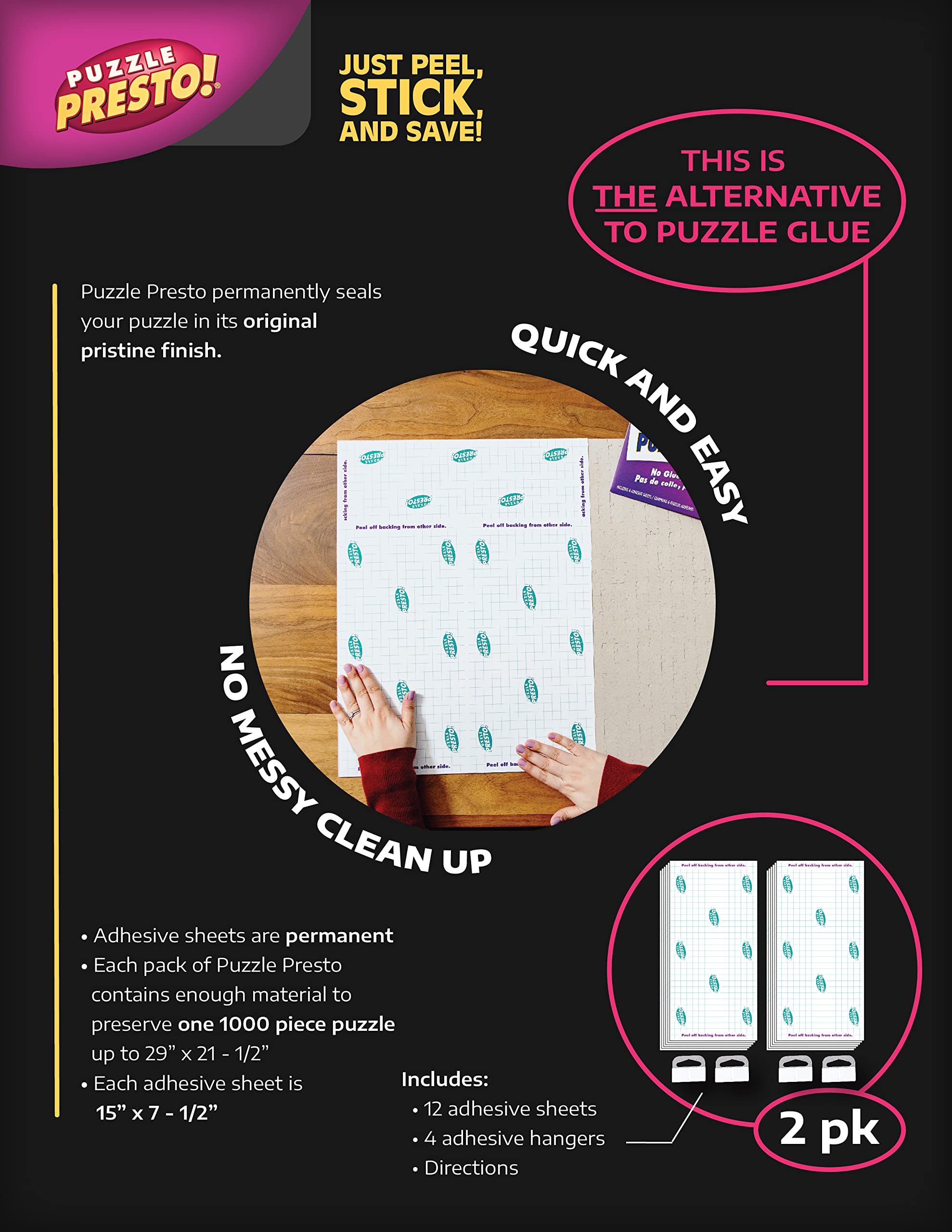 (2 Pack)Puzzle Presto! Peel & Stick Puzzle Saver: The Original and Still The Best Way to Preserve Your Finished Puzzle! 12 Adhesive Sheets and 4 Adhesive Hangars. Preserve Two1000 Piece Puzzles! Multi - Image 3