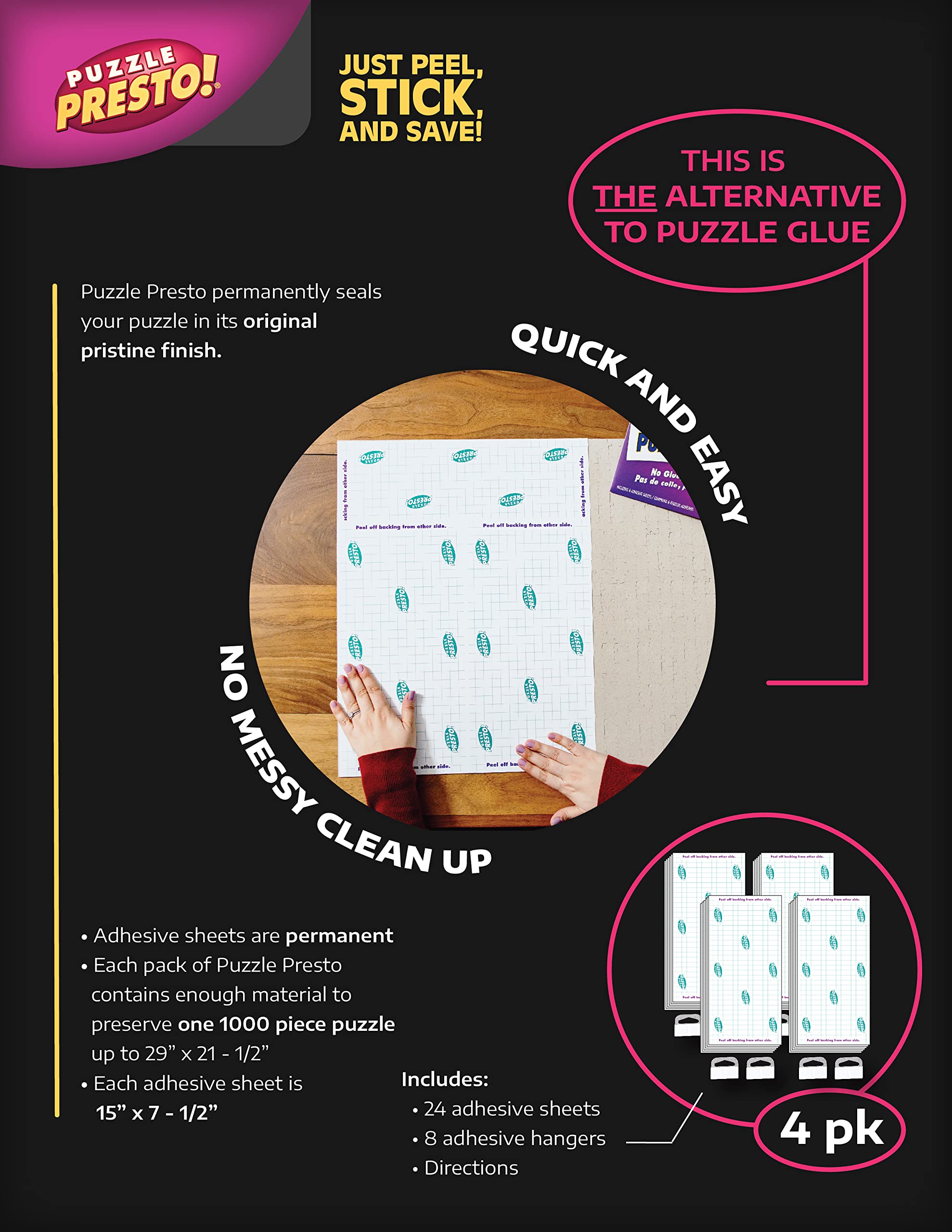 (4 Pack) Puzzle Presto! Peel & Stick Saver: The Original and Still The Best Way to Preserve Your Finished Puzzle! 24 Adhesive Sheets and 8 Adhesive Hangars. - Image 3
