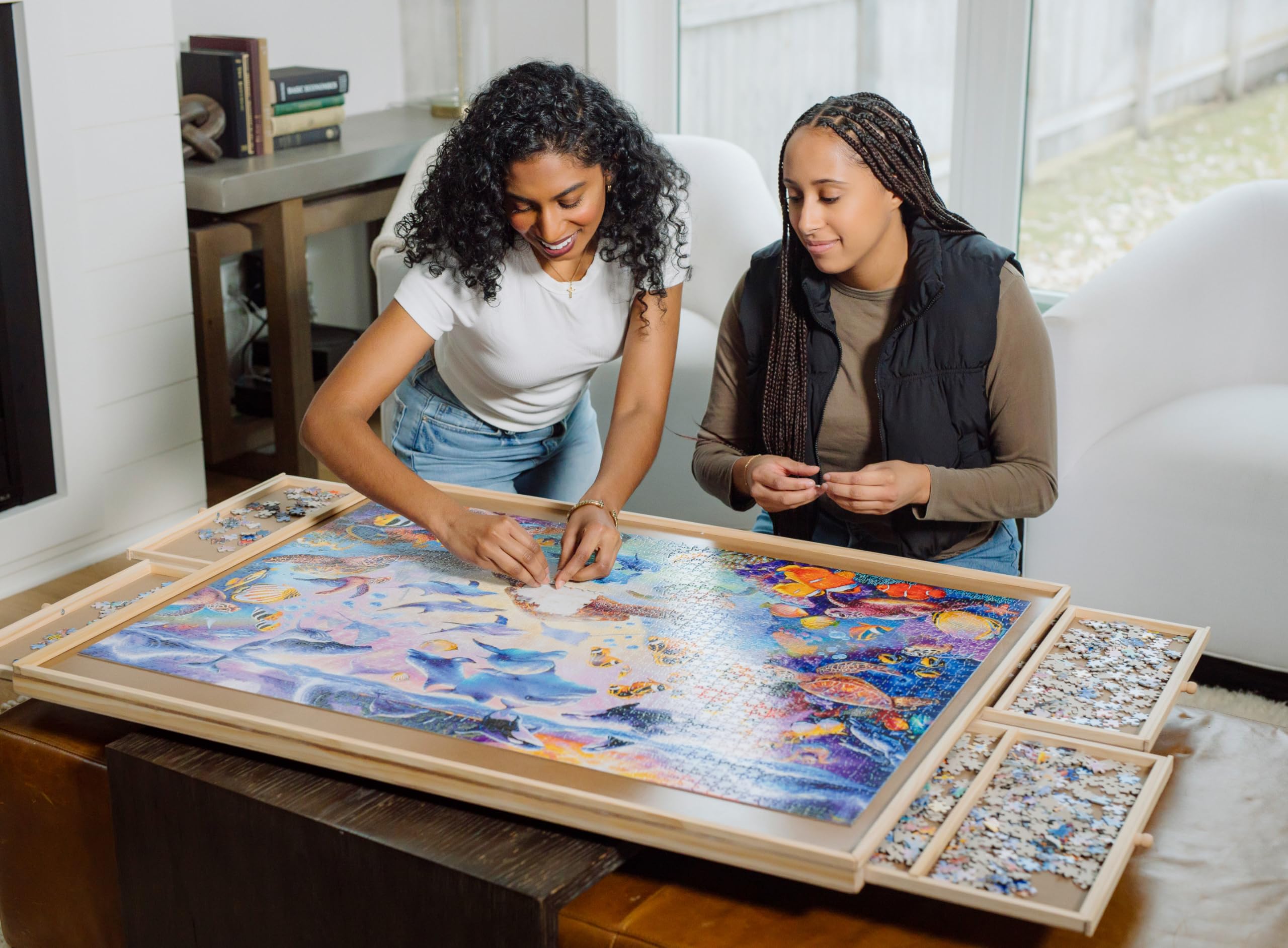 Buffalo Games - Puzzle Table - Jumbo Size for Standard 2000pc Jigsaw Puzzles - 40"x 31" Working Area - Drawers with Dividers - Preassembled Except Drawer Handles - Image 7