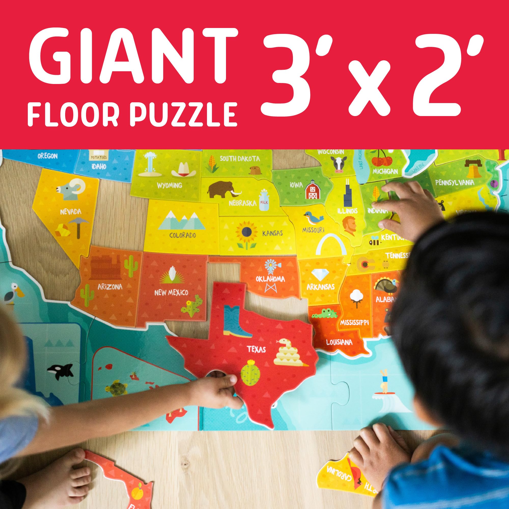 Chuckle & Roar - USA Map Floor Puzzle for Kids - Giant Puzzle with 50 State-Shaped Pieces - Educational Geography Puzzle for Preschool Hands - 3 ft x 2 ft Jumbo America Puzzle Ages 4+ - Image 4